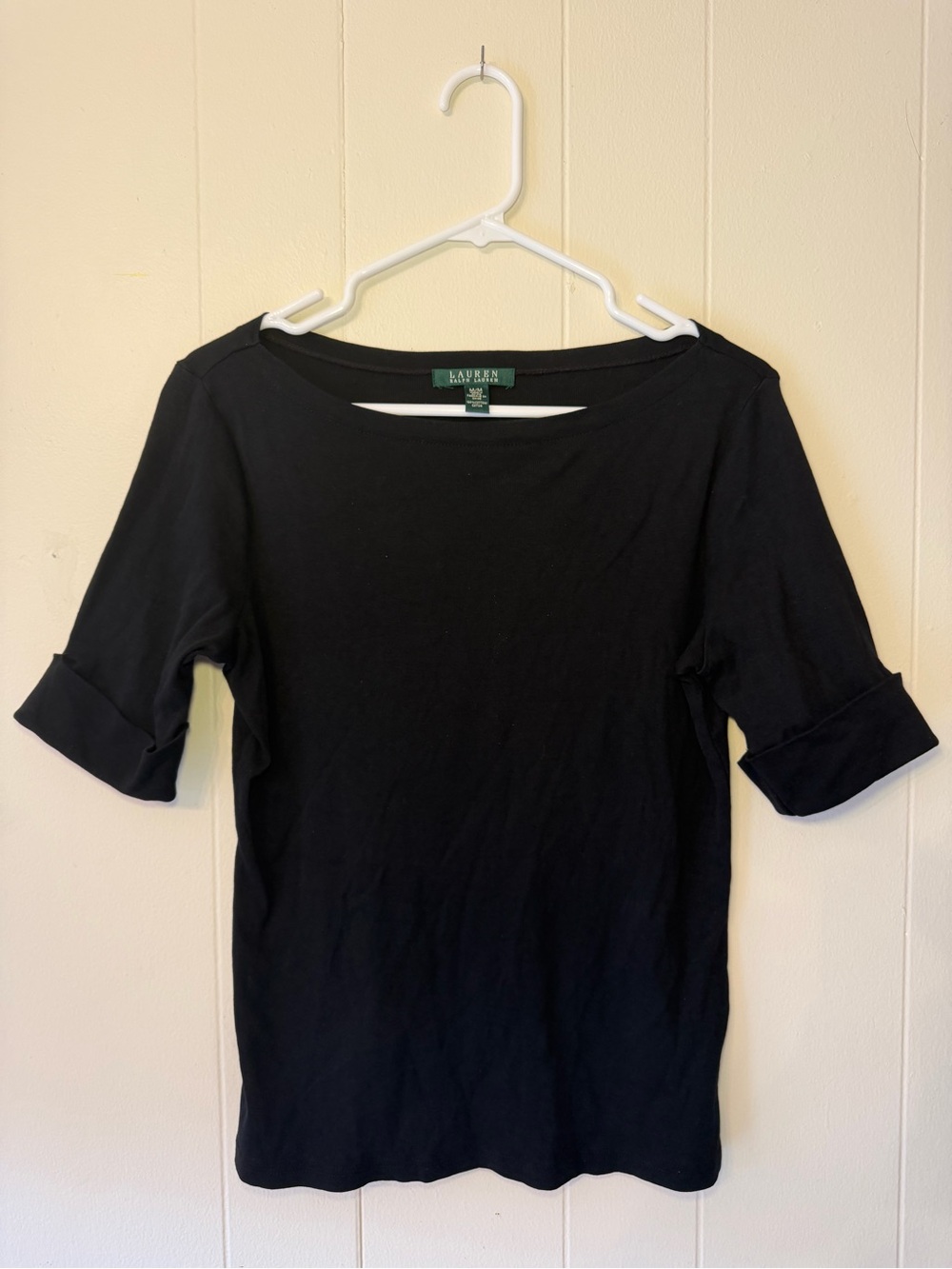 Lauren Ralph Lauren Black Elbow-Sleeve Boatneck Top Size M